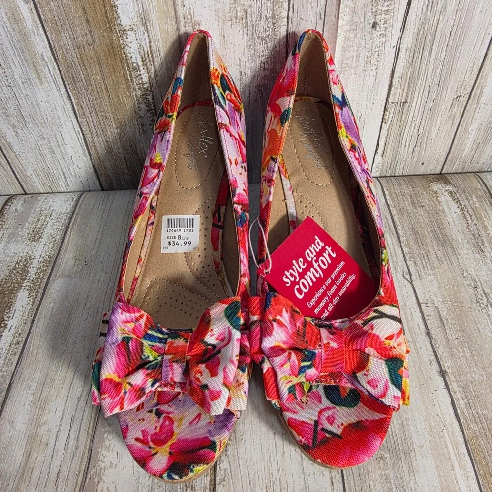 Dexflex Comfort Womens Floral Peep Toe Wedge Shoes Pink Multicolor Bow Size 8.5